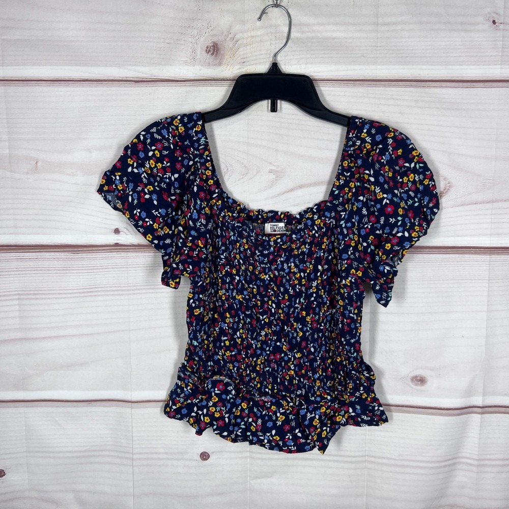Tommy Hilfiger Denim Top Womens S Blue Floral Smocked Peplum Crop Short Sleeve